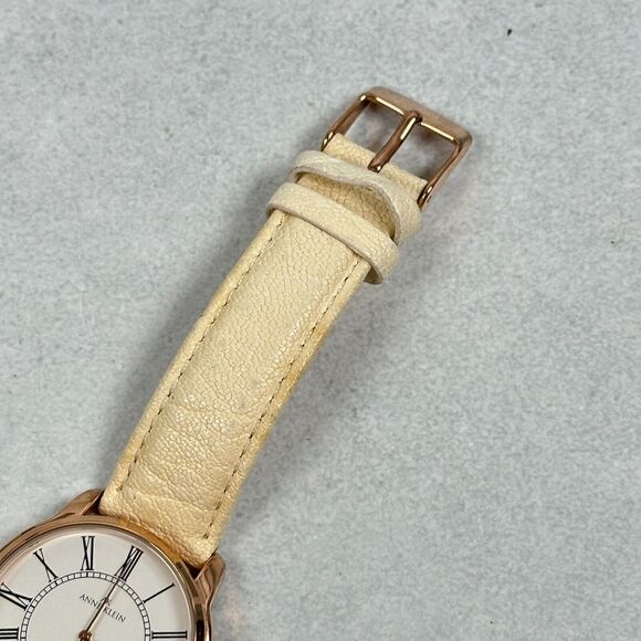 Anne Klein Watch Womens 36mm Gold Tone Beige Leather Band Classic New Battery - Picture 2 of 13
